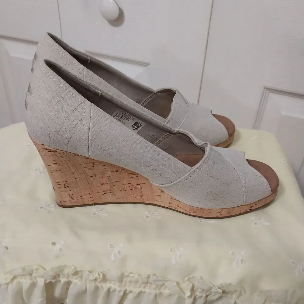 TOMS Michelle Canvas Espadrille Peep Toe Wedge Pump in Natural Size 10W